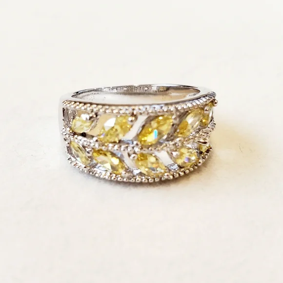 Elegant Women's Silver Ring w/ Yellow Citrine Stones Leafy Vine Design Size 7 - Picture 9 of 10